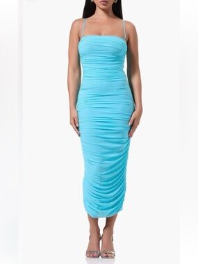 NWT AFRM Sz XL Women’s Aqua Blue Hazel Stretch Ruched Side Midi Dress Ret $98!